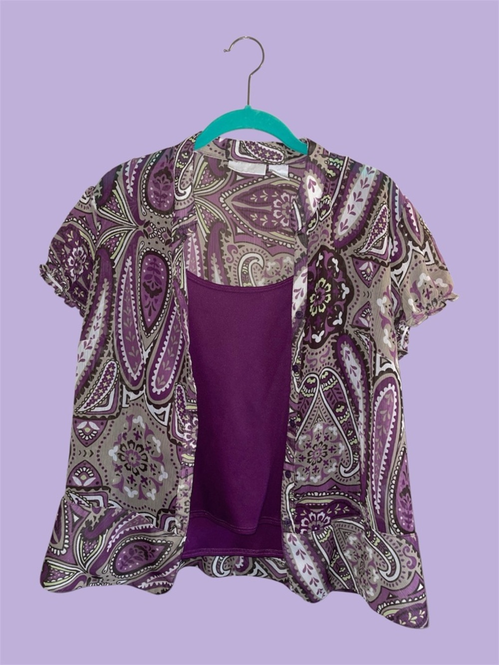 Worthington Purple and Gray Paisley Button Down Blouse with Purple Camisole